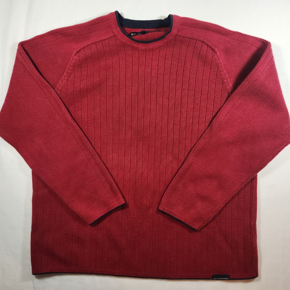 BC‎ Clothing Mens Red Ribbed Knit Crewneck Sweater Navy Trim Medium y2k